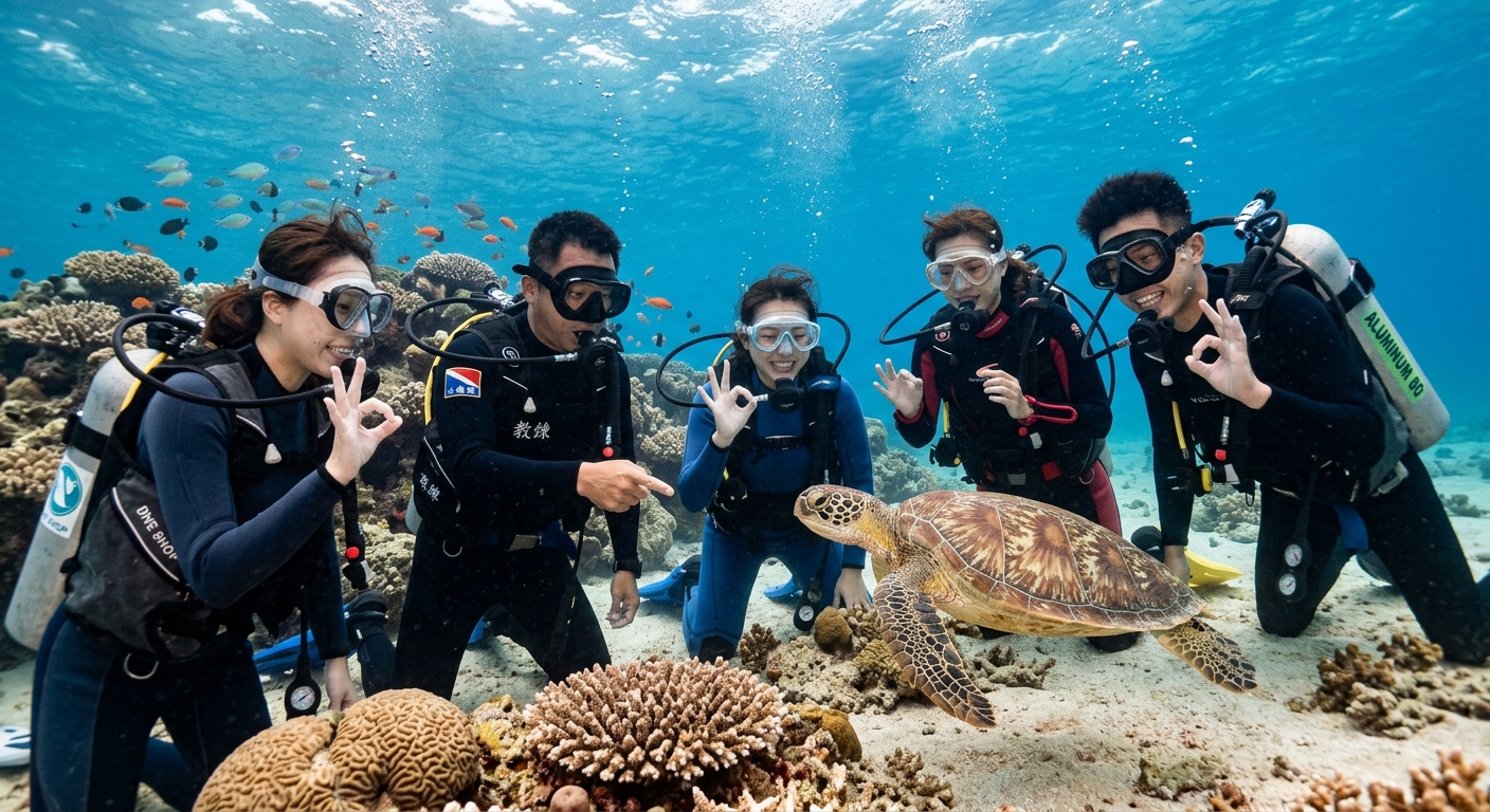 單人併團潛水溫暖情境插畫,幾位原本不認識的旅客在小琉球淺海一起體驗潛水,由一名教練帶領,海底有海龜,彼此比手勢互動、氣氛友善,溫暖寫實風格、海洋藍色調
