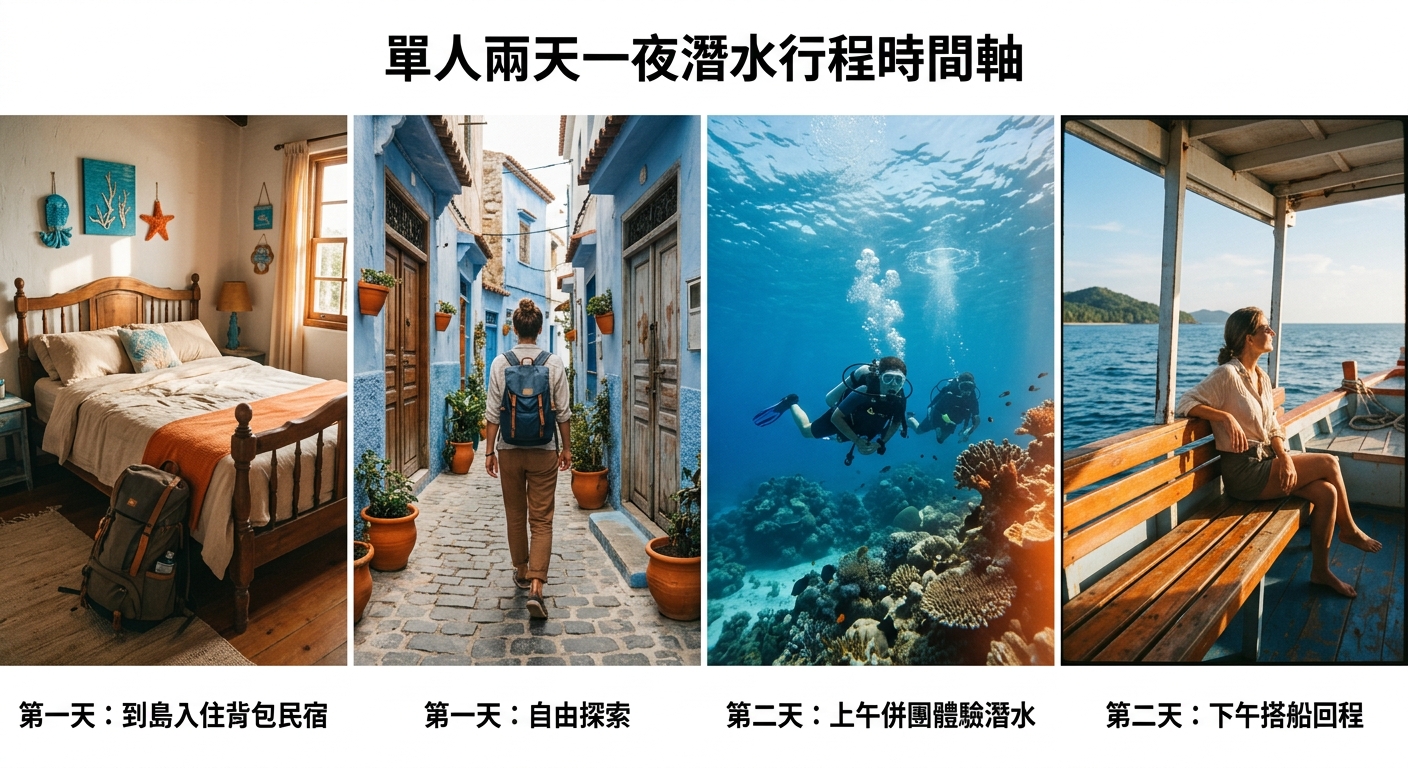 單人兩天一夜潛水行程時間軸插圖,由左至右:第一天到島入住背包民宿、自由探索,第二天上午併團體驗潛水、下午搭船回程,每段一張小情境圖與一行中文時段標籤,採海洋藍與溫暖橘色調、時間軸風格