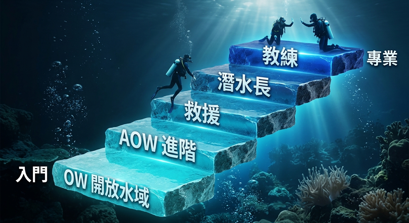 SSI 分級結構階梯圖,五層階梯由低到高,每層標籤逐字為 OW 開放水域、AOW 進階、救援、潛水長、教練;最低層標示「入門」、最高層標示「專業」,階梯以青藍漸層由淺到深,圖中除上述階層文字與入門/專業外不得出現任何其他文字、數字或年份