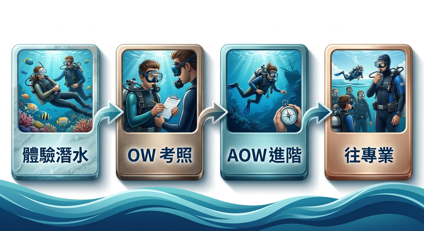 小琉球 SSI 學潛水流程圖,四步驟由左至右,每步驟一個方框與簡單圖示,框內文字逐字為 體驗潛水、OW 考照、AOW 進階、往專業;步驟間以箭頭連接,底部為海藍波浪,配色青藍與深海藍,圖中除上述步驟文字外不得出現任何其他文字、數字或年份