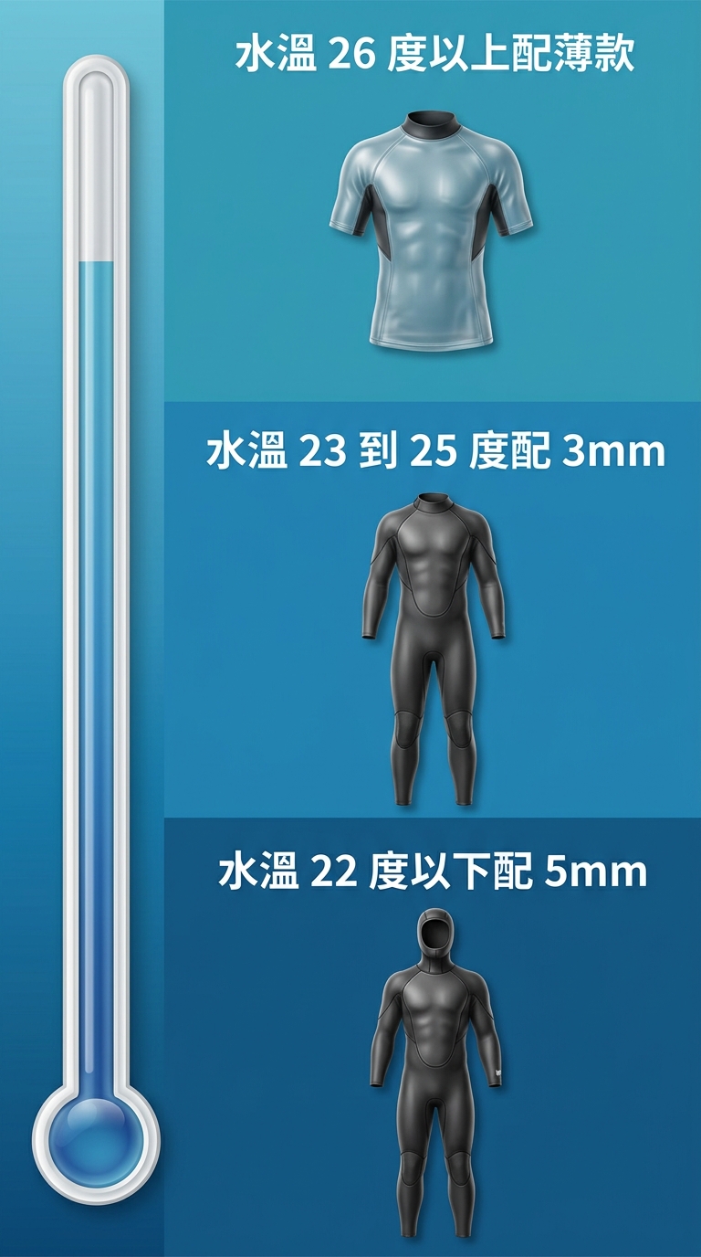 水溫 vs 防寒衣厚度對照資訊圖,直式三段橫條由暖到冷排列,恰好三段不得多於三段:上段約 26 度以上配薄款、中段約 23 到 25 度配 3mm、下段約 22 度以下配 5mm,每段一行繁體中文標註水溫範圍與建議厚度,文字不換行不重複,左側配一支溫度計圖示,海洋藍漸層配色,圖中不得出現任何品牌或年份