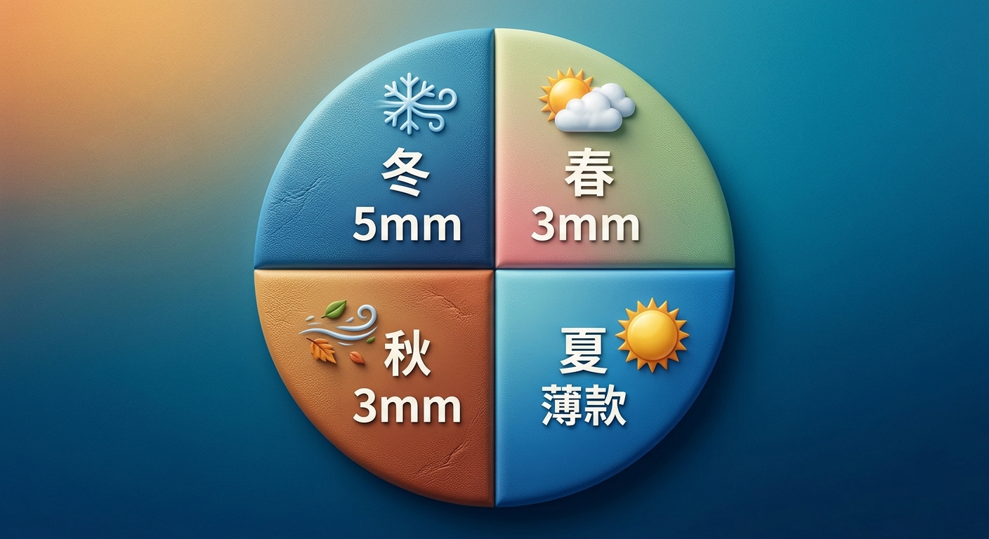 小琉球四季防寒衣厚度建議示意圖,環形四等分對應四季,恰好四區不得多於四區:春、夏、秋、冬各一區,每區一個簡單天氣圖示加一行繁體中文季節名與建議厚度,夏季標薄款、春秋標 3mm、冬季標 5mm,文字不換行不重複,海洋藍漸層由暖到冷,圖中不得出現任何品牌或年份