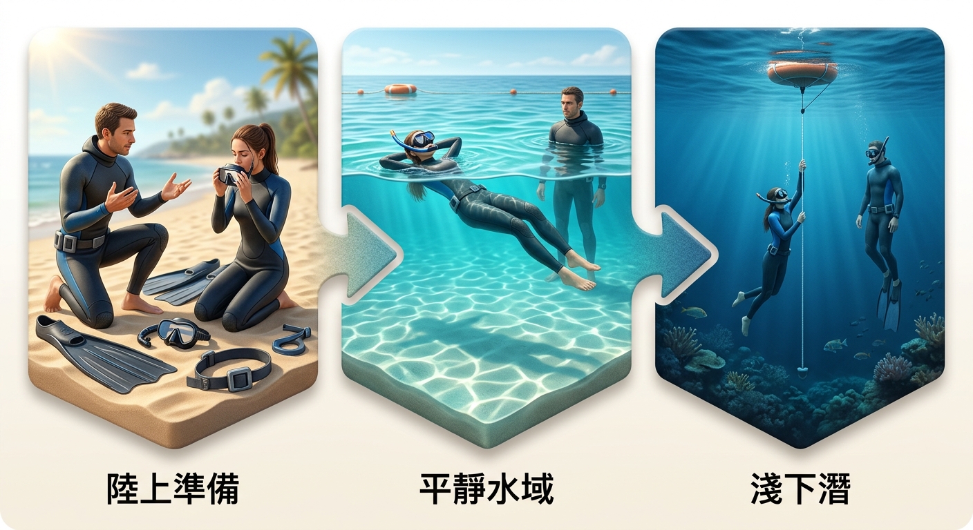 第一次自由潛水體驗的三步驟流程插畫,由左至右三格以箭頭連接:第一格岸上教練講解與練習動作、第二格淺海或泳池放鬆適應、第三格沿繩做幾米的開放水域淺下潛,水色由左到右由淺漸深。每格下方僅一組中文標籤逐字為 陸上準備、平靜水域、淺下潛,不含引號括號,除這三組標籤外不得出現任何其他文字、數字或公尺數
