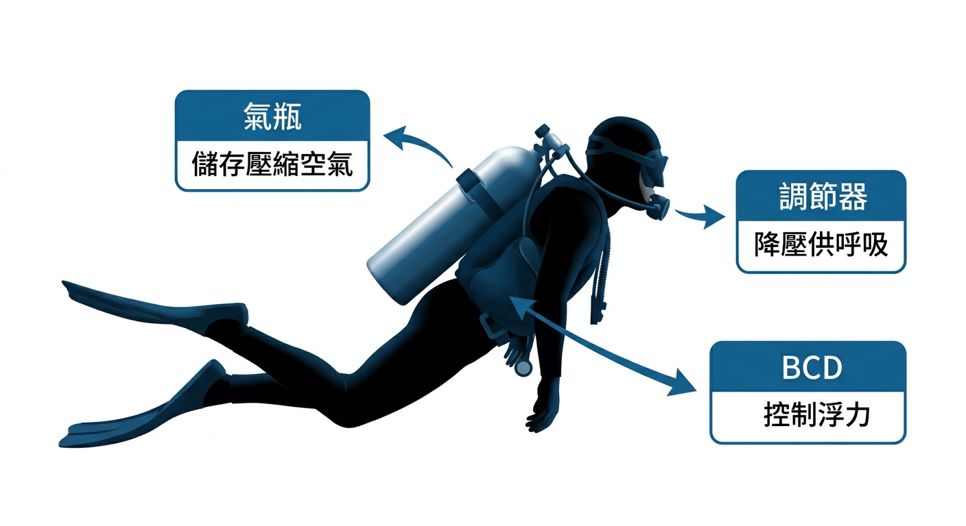 水肺裝備運作原理標註說明圖,畫面為一位潛水員側面剪影,旁邊以三個標註框指向裝備,三個標註文字逐字為 氣瓶 儲存壓縮空氣、調節器 降壓供呼吸、BCD 控制浮力,箭頭由裝備指向標註,配色海洋藍與白底,乾淨清楚,圖中除這三組標註文字外不得出現任何其他文字、年份或網址