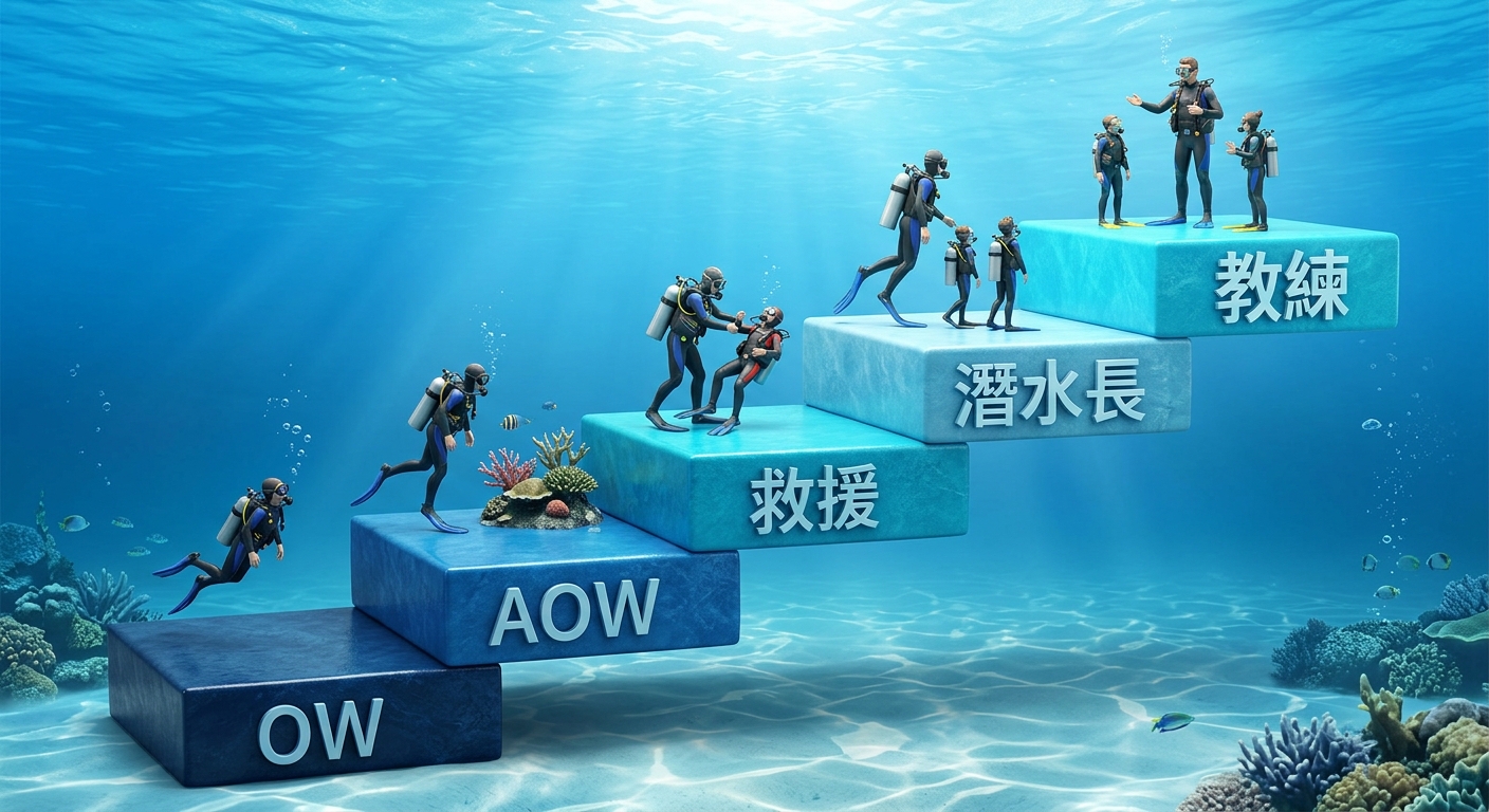 潛水員等級進階階梯插畫,畫面為一道由左下往右上的階梯,五個台階上各一個潛水員小圖示,台階文字由低到高逐字為 OW、AOW、救援、潛水長、教練,配色海洋藍漸層,乾淨明亮,圖中除這五個等級名稱外不得出現任何其他文字、數字或網址