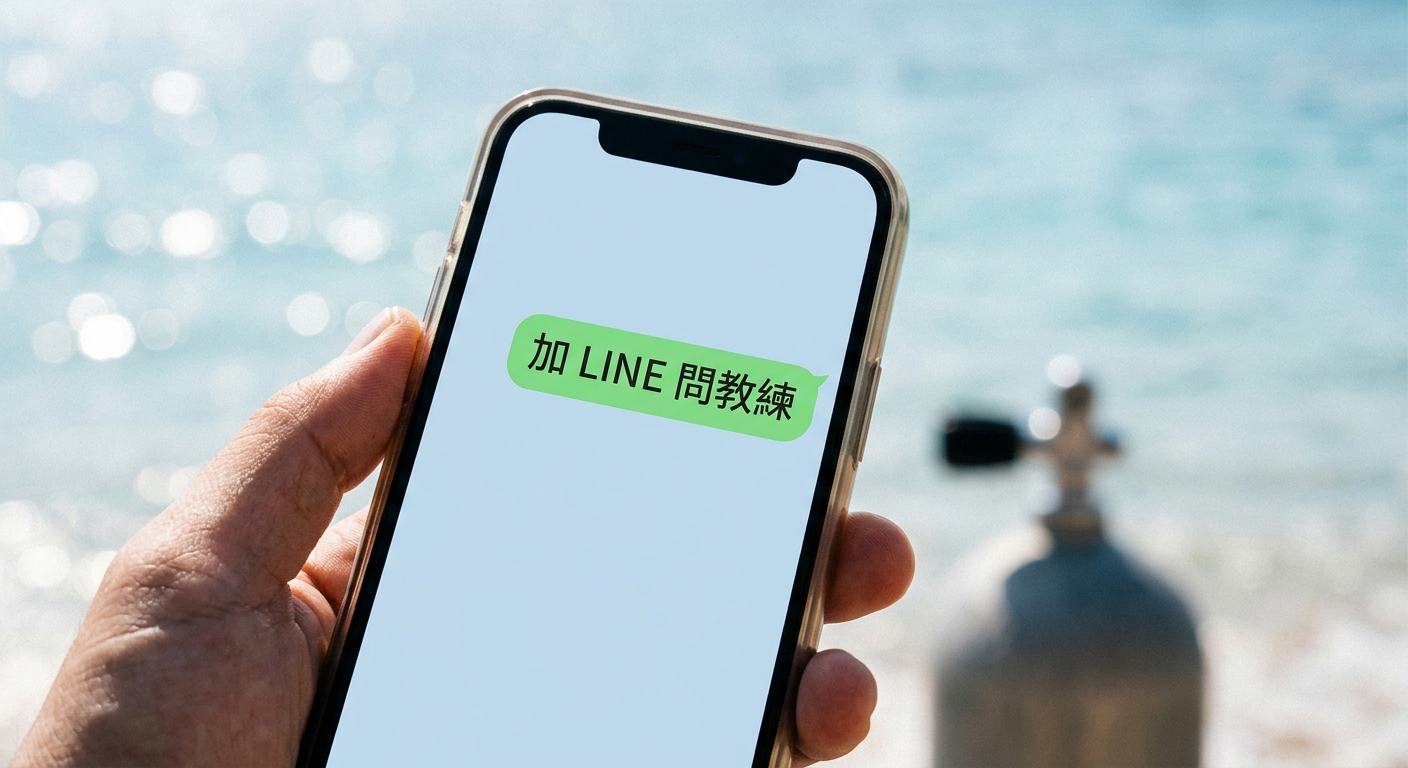 結尾 CTA 配圖,畫面為手機螢幕顯示 LINE 對話介面,對話氣泡內文字逐字為 加 LINE 問教練 五字,背景為淡藍海洋色調與簡單海浪線條與一個小氣瓶剪影,氛圍親切專業,圖中除對話氣泡那五字外不得出現任何其他文字、網址或電話