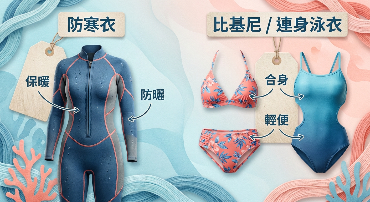 女生潛水衣與泳衣挑選對照圖,並排呈現防寒衣與比基尼/連身泳衣兩種,標出合身、保暖、防曬等挑選重點(簡短中文標籤),採柔和海洋藍與珊瑚粉色調、服飾對照圖風格