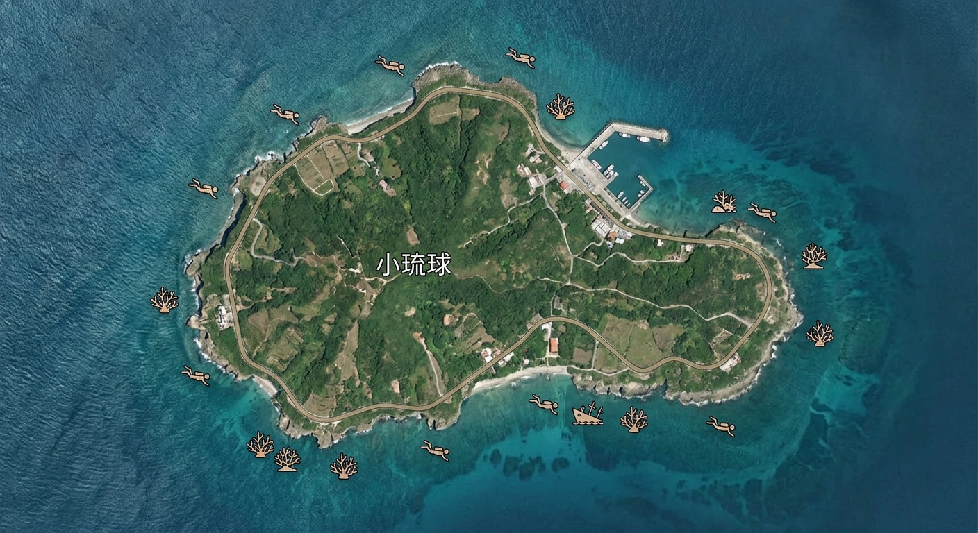 小琉球 AOW 深潛與沉船潛點分布手繪風地圖,俯視角呈現小琉球島嶼輪廓與環島海域,海面標出五個圓形編號潛點標記(1 到 5),其中一個標記旁畫小型沉船剪影,島上畫出碼頭與環島公路示意,整體為藍綠海洋配米色陸地的手繪插畫風,潛點標記下方各一行繁體中文標籤分別為 沉船潛點、地形深潛、珊瑚礁區、海龜熱點、出水口,五個標籤各不相同不得重複、每個僅一行不得換行,圖中除這五個標籤與編號 1 2 3 4 5、島名「小琉球」外不得出現任何其他文字、數字或年份