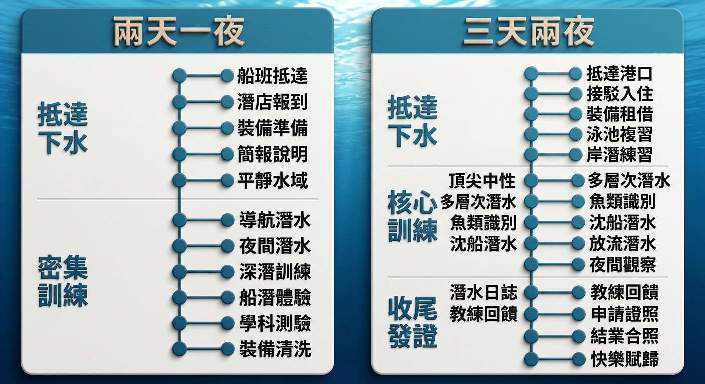 兩天一夜 vs 三天兩夜 AOW 行程時間軸對照圖,左右雙欄垂直時間軸,左欄標題 兩天一夜、右欄標題 三天兩夜,每欄由上到下用圓點與連接線串起每日節點,左欄列出 抵達下水、密集訓練 兩個區塊,右欄列出 抵達下水、核心訓練、收尾發證 三個區塊,配色海洋藍與白底,每個節點旁一行繁體中文短標籤,所有標籤各不相同不得重複、每個僅一行不得換行,圖中僅出現 兩天一夜、三天兩夜 兩個欄標題與各節點中文標籤、不得出現任何數字或年份