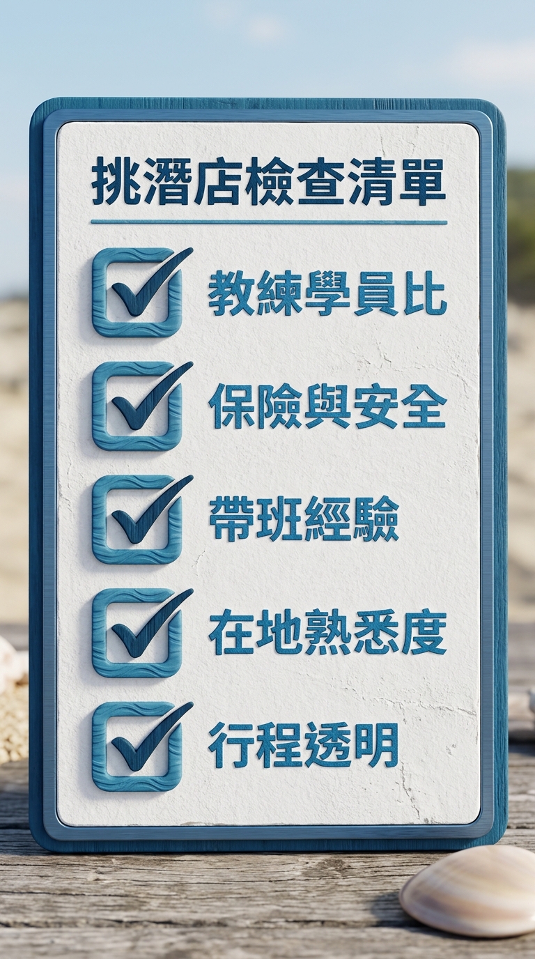 挑選小琉球 AOW 潛店的檢查清單視覺化卡片,一張直立的清單卡片風格插圖,卡片頂端一行標題,下方由上到下五個勾選項目,每個項目左側一個打勾方框圖示、右側一行繁體中文短句,五個項目分別為 教練學員比、保險與安全、帶班經驗、在地熟悉度、行程透明,配色海洋藍與白底、圖示簡潔扁平,五個項目各不相同不得重複、每行僅一行不得換行,卡片標題逐字為 挑潛店檢查清單,圖中除標題 挑潛店檢查清單 與這五個項目中文標籤外不得出現任何其他文字、數字或年份
