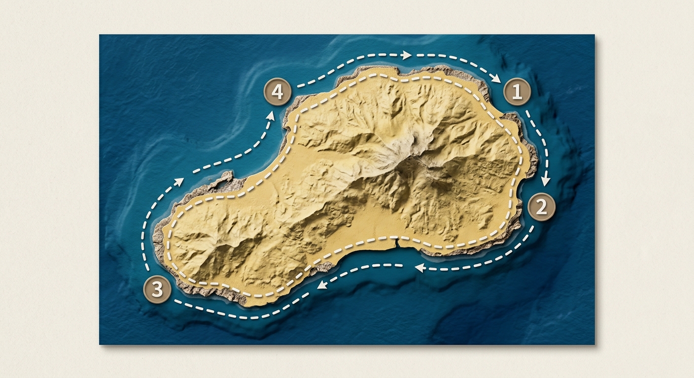 小琉球環島景點分布手繪風地圖,島嶼輪廓置中,沿海岸線標出花瓶岩、烏鬼洞、潮間帶、秘境沙灘四大景點區塊,每個景點用小圖示與繁體中文標籤標示,外圍以虛線畫出環島機車動線箭頭,配色海藍與沙黃,背景淺米色