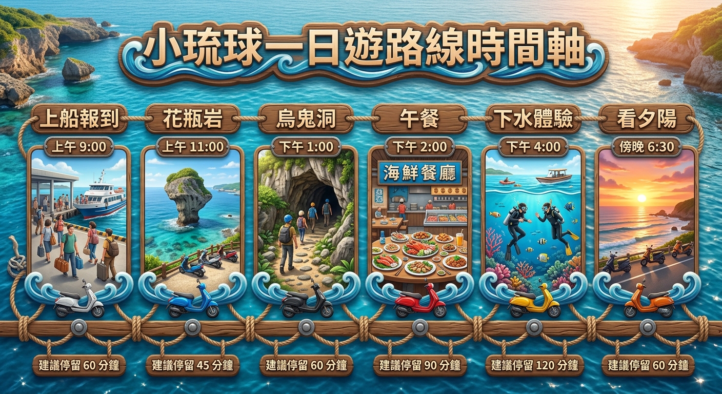 小琉球一日遊路線時間軸圖,由上午到傍晚水平排列六個時段節點:上船報到、花瓶岩、烏鬼洞、午餐、下水體驗、看夕陽,每個節點搭配機車圖示與繁體中文時段標籤,時間軸下方標注建議停留分鐘數,配色海藍與橘黃