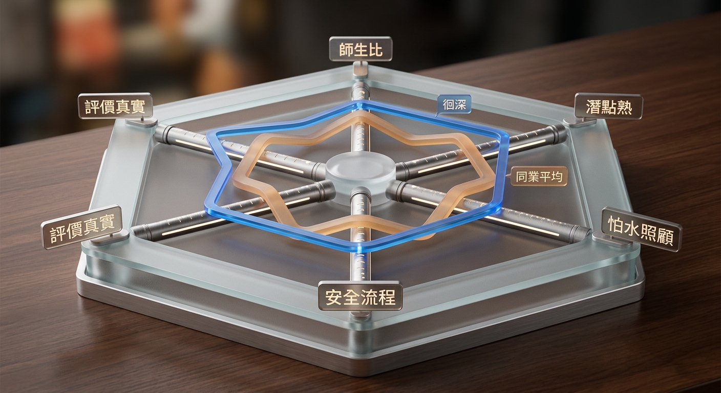 匿名對手與徊深的六維度雷達圖,一個正六邊形雷達圖,六個軸標籤各四字以內:師生比、含保險、潛點熟、怕水照顧、安全流程、評價真實,六個標籤各不相同不重複每個一行不換行,圖中畫五條不同顏色折線代表 A B C D 與徊深,只有徊深那條標示徊深二字、其餘四條僅標 A B C D 單一字母,圖中除這些軸標籤與五個系列標籤外不得出現任何數字或年份