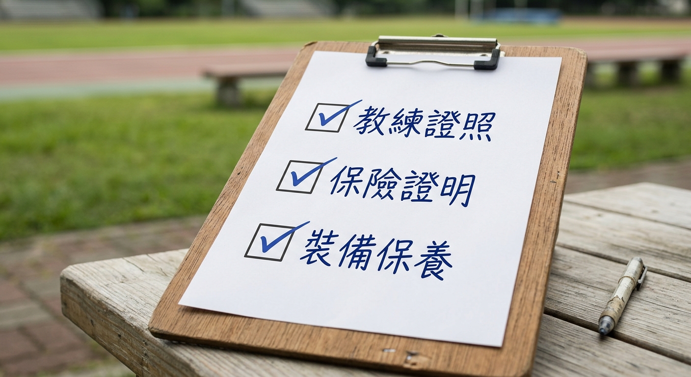 實地訪查檢查清單視覺化,畫面為一張清單板,上面有十二個打勾框,每框旁一行極短關鍵詞如教練證照、保險證明、裝備保養等,框數恰好十二個不得多於十二個,每行文字各不相同不重複一行不換行,配色信任藍與白,圖中不得出現任何數字編號以外的年份或網址