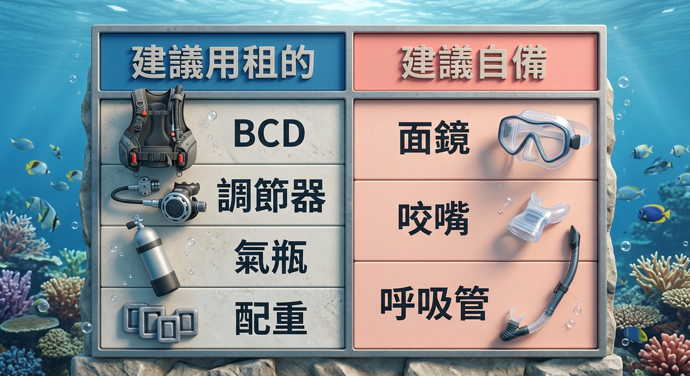 租借 vs 自備潛水裝備建議對照表,表格兩欄,恰好兩欄不得多於兩欄:左欄標題建議用租的列出 BCD 調節器 氣瓶 配重、右欄標題建議自備列出面鏡 咬嘴 呼吸管,每項一行繁體中文,文字不換行不重複,左欄海洋藍底右欄淺珊瑚色底,乾淨清晰,圖中不得出現任何品牌價格或年份