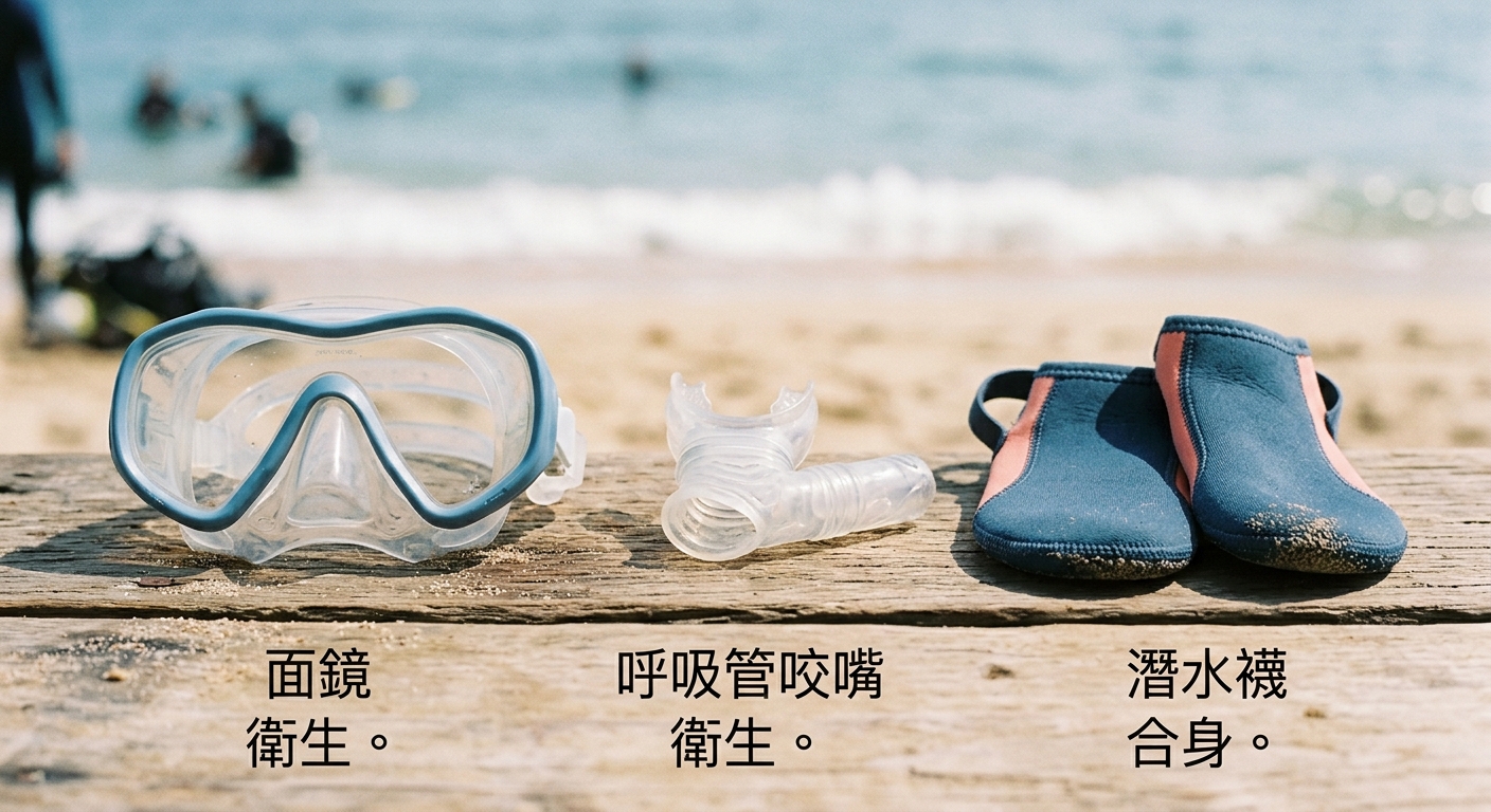 建議自備的貼身件示意圖,三個並排圖示,恰好三個不得多於三個:面鏡、呼吸管咬嘴、潛水襪,每個一個簡單線條圖示加一行繁體中文名稱與一行自備理由如衛生或合身,文字不換行不重複,海洋藍與淺珊瑚色配色,圖中不得出現任何品牌或年份