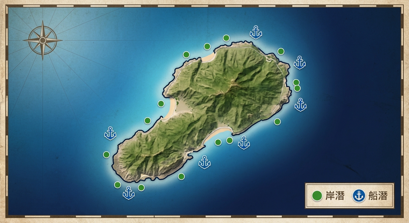 小琉球全島潛點分布扁平插畫地圖,島嶼輪廓置中,西側標示龍蝦洞、花瓶岩、美人洞、杉福漁港四個潛點圓點,東南側標示厚石魚澳、厚石群礁,外海以小船圖示標示數個船潛專屬點,每個潛點旁有小標籤文字(潛點名稱),岸潛點用綠色圓點、船潛點用藍色船錨圖示區分,海洋藍漸層背景,圖中文字僅潛點名稱與『岸潛』『船潛』兩種圖例
