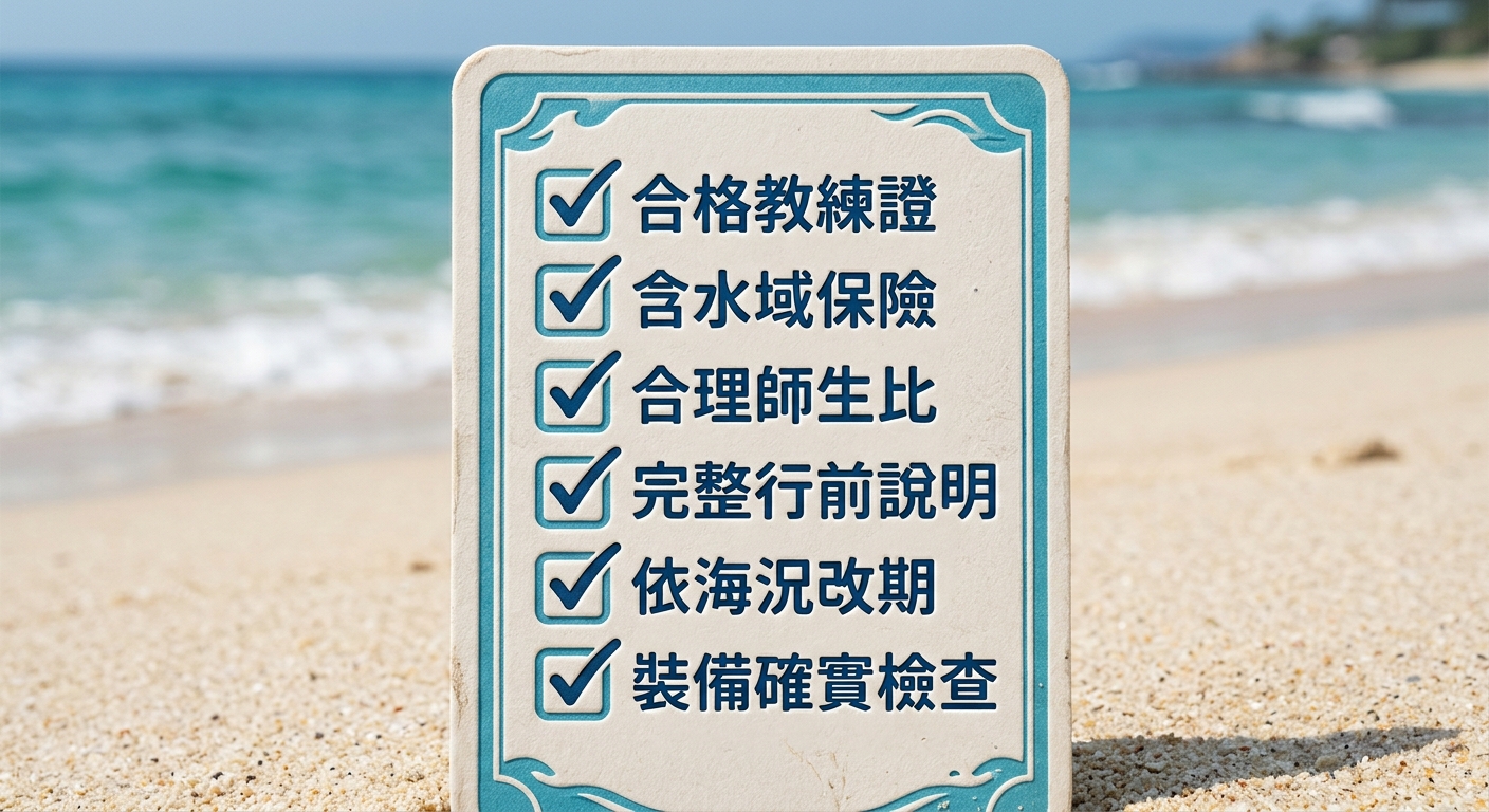 安全潛店確認清單卡片,畫面為一張帶勾選框的清單卡,六個項目逐字為 合格教練證、含水域保險、合理師生比、完整行前說明、依海況改期、裝備確實檢查,每項前有打勾框,配色清爽海洋藍與白,圖中除這六個清單項目文字外不得出現任何其他標題、數字、年份或網址