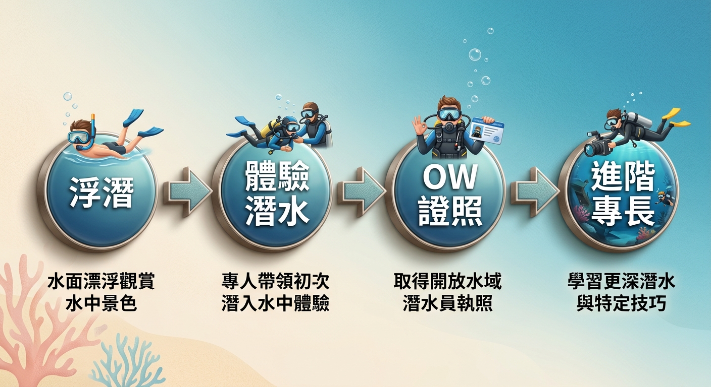新手潛水入門路徑流程圖,由左至右四個節點,節點文字逐字為 浮潛、體驗潛水、OW 證照、進階專長,每個節點下方一行簡短說明,節點間以向右箭頭連接,配色使用海洋藍與淺沙色,乾淨清楚,圖中除上述節點與說明文字外不得出現任何其他文字、年份或網址