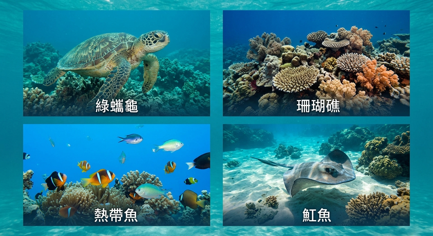 小琉球潛水生態亮點圖鑑式插畫,畫面以網格排列四種海洋生物插圖,每格下方一行名稱文字逐字為 綠蠵龜、珊瑚礁、熱帶魚、魟魚,插圖風格統一柔和,配色為海洋藍綠與珊瑚橘,圖中除這四個名稱外不得出現任何其他文字、數字或網址