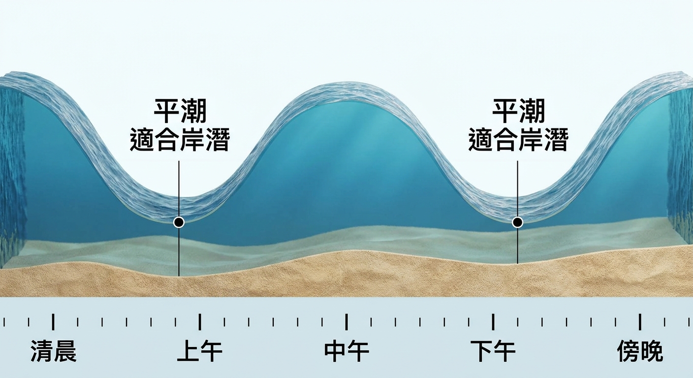 潮汐與下水時段示意圖,畫面為一條波浪狀潮汐曲線橫跨一天時間軸,曲線在平潮處標出兩個適合下水的時段區塊,時段區塊標籤文字逐字為 平潮 適合岸潛,下方時間軸標出清晨到傍晚,配色海洋藍與沙色,乾淨清楚,圖中除 平潮 適合岸潛 這組標籤與時段刻度外不得出現任何其他標題、年份或網址