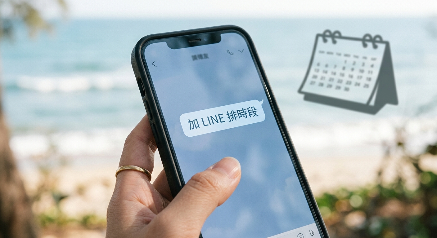 結尾 CTA 配圖,畫面為手機螢幕顯示 LINE 對話介面,對話氣泡內文字逐字為 加 LINE 排時段 五字,背景為淡藍海洋色調與簡單海浪線條與一個小月曆剪影,氛圍親切,圖中除對話氣泡那五字外不得出現任何其他文字、網址或電話