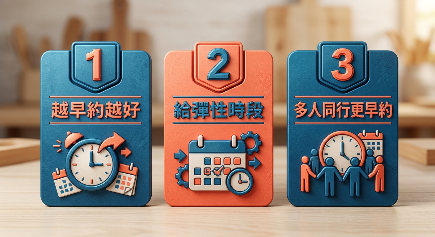 旺季卡位三原則卡片,三張並排卡片,頂端各一個數字 1 2 3,下方各一行原則文字,分別為 越早約越好、給彈性時段、多人同行更早約,三張恰好三張、文字各不相同、每張一行不換行,配色海洋藍與珊瑚橘,圖中不得出現任何金額、價格或年份