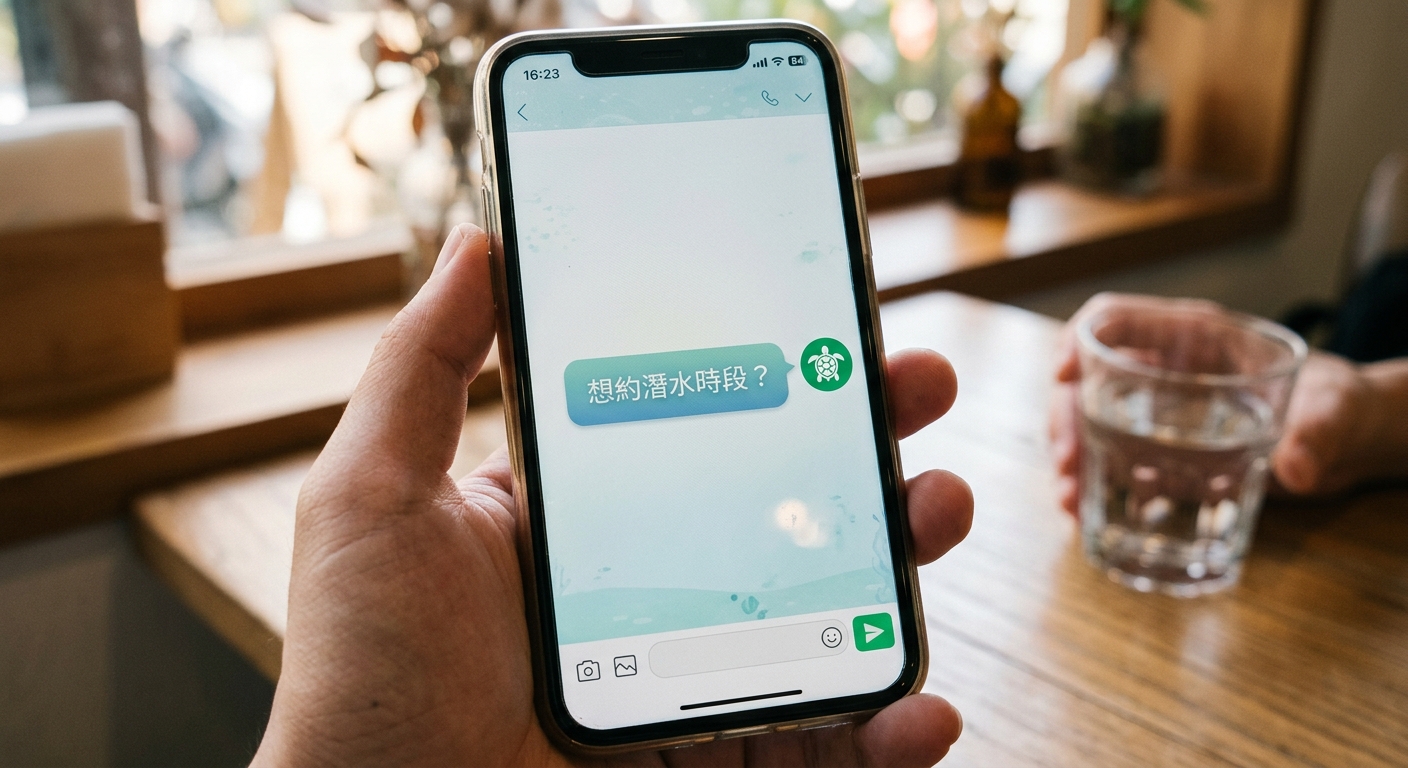 結尾行動呼籲配圖,畫面為手機聊天介面,一個對話氣泡內一行文字 想約潛水時段?,旁邊一個 LINE 風格綠色對話圖示與海龜線條剪影,配色海洋藍與綠,氣泡文字僅該一行、不換行、不增減字,圖中除該行字外不得出現任何其他文字、網址、電話或年份