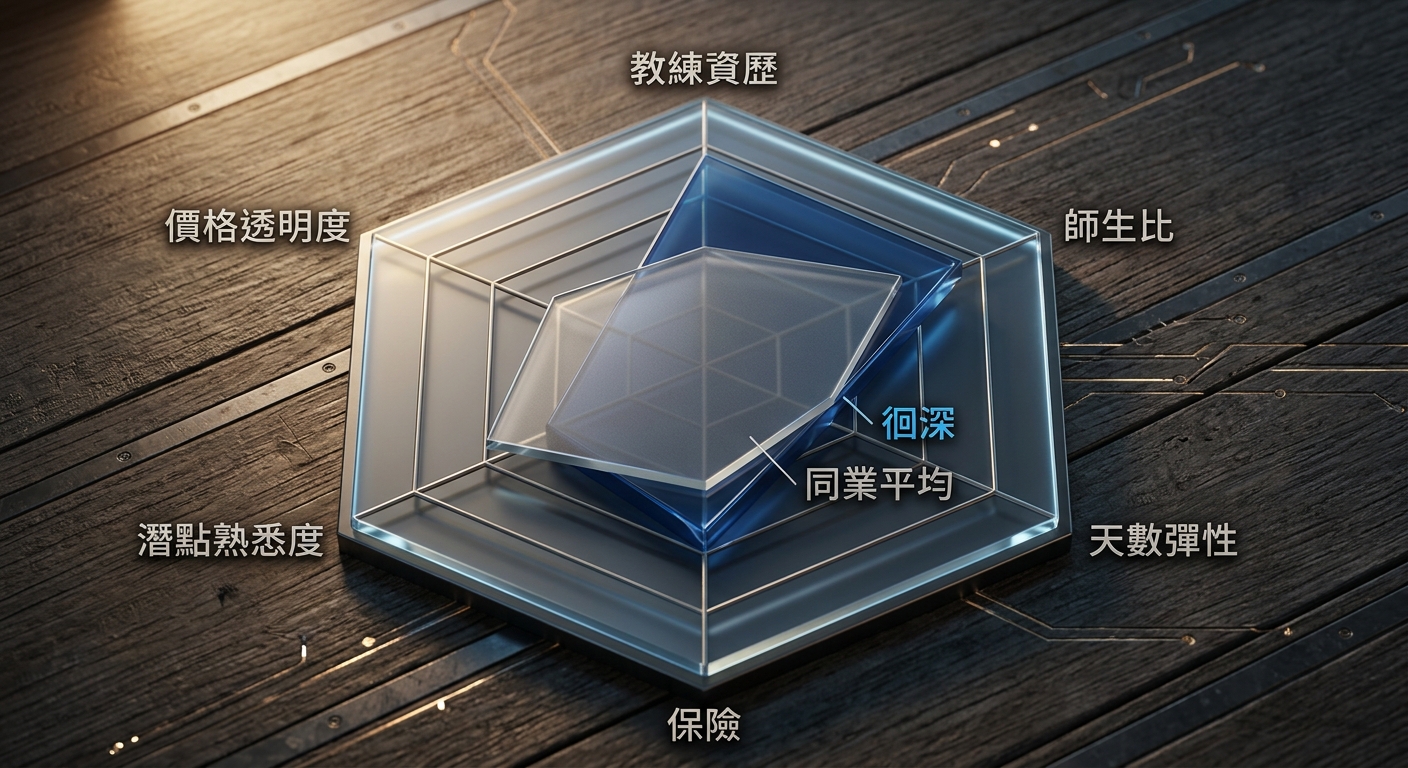 匿名對手與徊深 6 維度評分雷達圖,一個正六邊形雷達圖六個軸頂點各一行標籤逐字為 教練資歷 師生比 天數彈性 保險 潛點熟悉度 價格透明度,圖中畫兩條多邊形折線一條代表自家具名一行標籤逐字為 徊深另一條代表匿名同業一行標籤逐字為 同業平均,六個軸標籤與兩條折線標籤各一行不換行不重複,配色徊深用深藍折線同業平均用灰色折線,整張圖除上述八個標籤外不得出現任何其他文字數字分數或標題