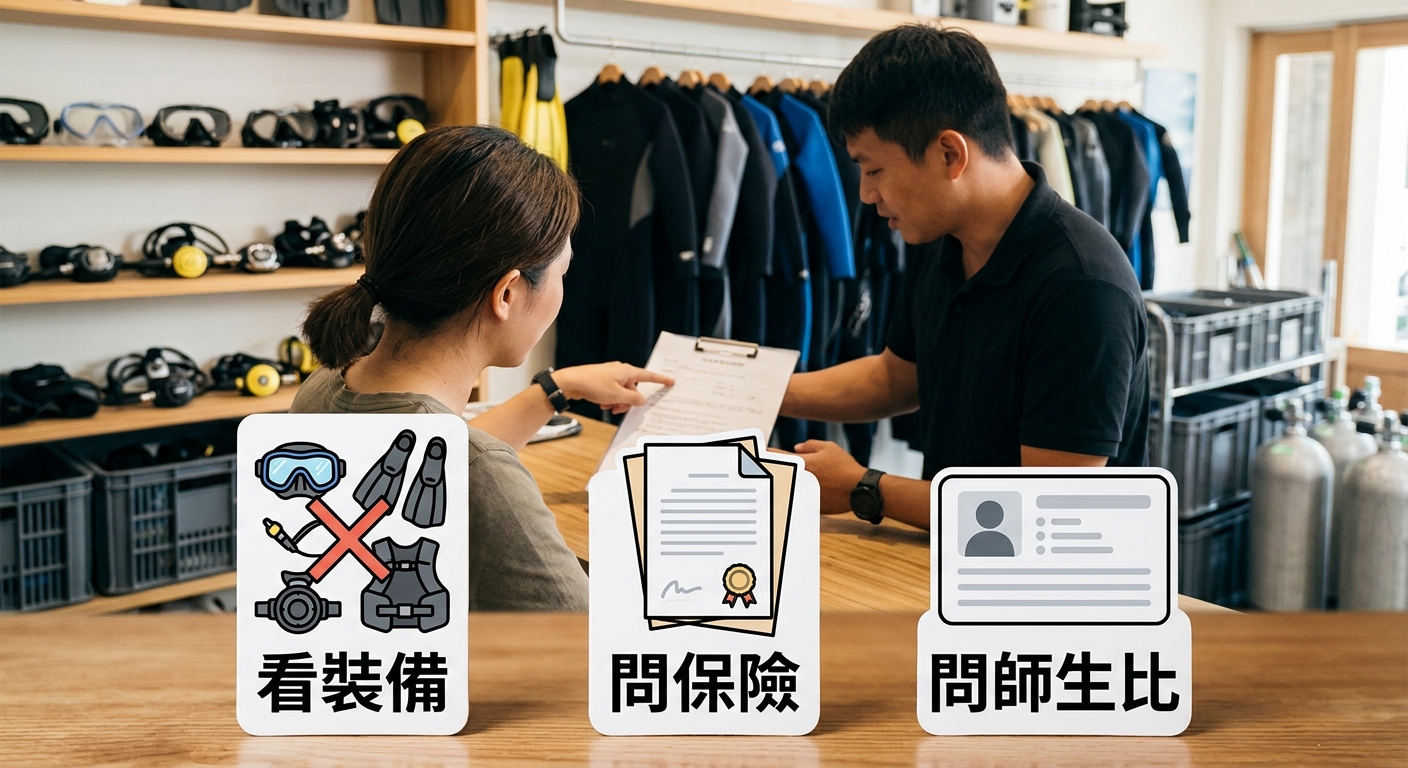 實地訪查 10 項檢查清單圖卡,一張直式清單卡左側為十個打勾框右側為一行短標籤由上到下逐字為 看裝備新舊 問保險額度 問師生比 問補考政策 問包套含什麼 問教練證照 問潛點安排 問退費規則 問天數彈性 問證照系統,恰好十項不得多於十項每項文字各不相同不重複每項一行不換行皆八字內,配色淺藍底白卡,整張圖除上述十個標籤外不得出現任何其他文字數字或標題