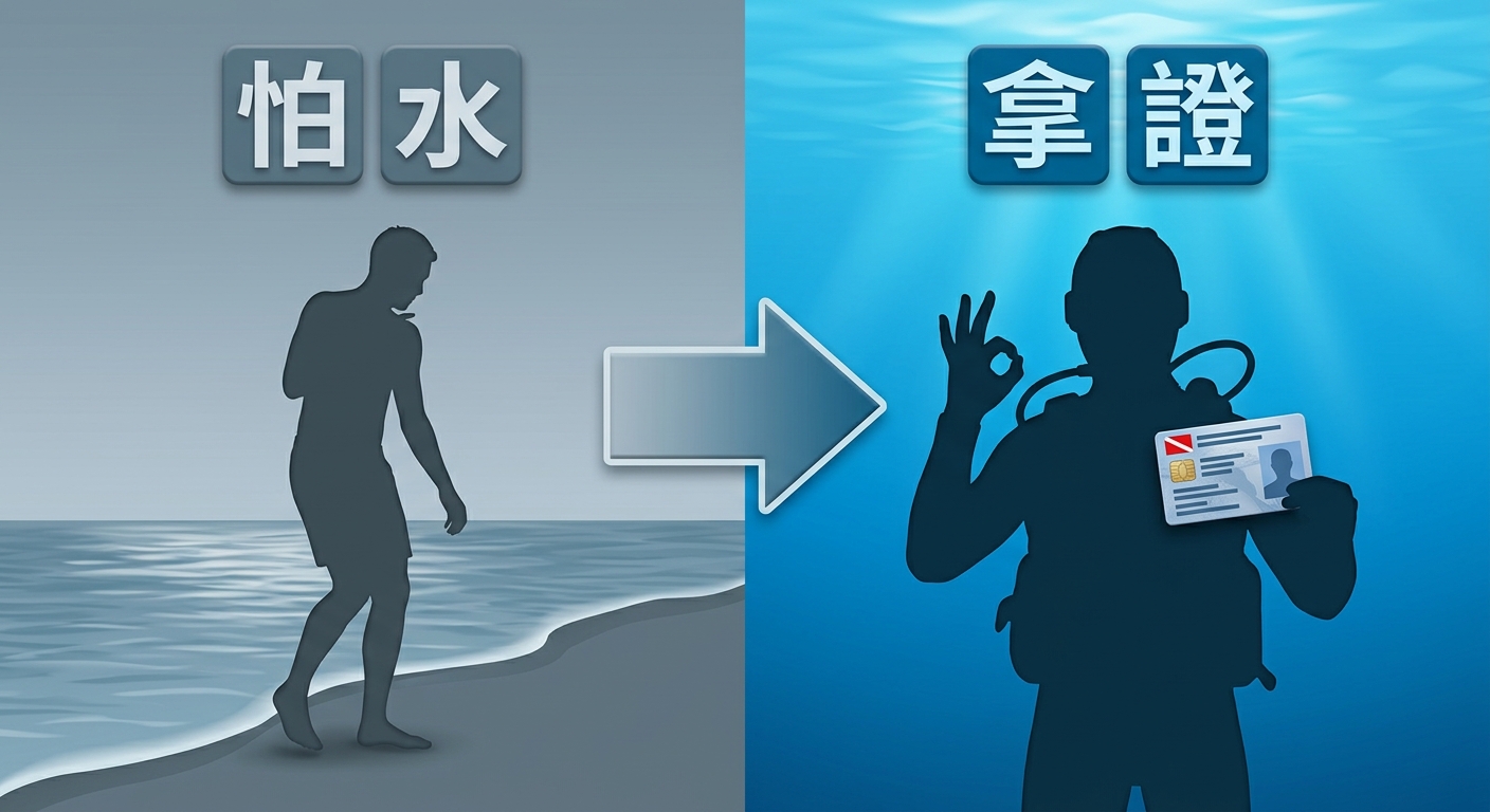 學員考照前後對比插畫,左半邊上方一行標籤逐字為 怕水下方畫一位站在岸邊猶豫的人形剪影,右半邊上方一行標籤逐字為 拿證下方畫一位自信比 OK 手勢的潛水員剪影手持一張證照卡,中間一個向右箭頭,兩個標籤各一行不換行不重複,配色左半灰藍右半明亮海洋藍,整張圖除上述兩個標籤外不得出現任何其他文字數字或標題