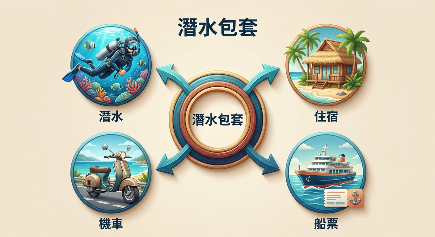 潛水包套組成圖示,中央為「潛水包套」核心圈,四周以箭頭連接四個組成圖示加繁體中文標籤:潛水、住宿、機車、船票,每個標籤一行不換行,恰好四項不多不少,配色海藍與沙黃,背景淺米色