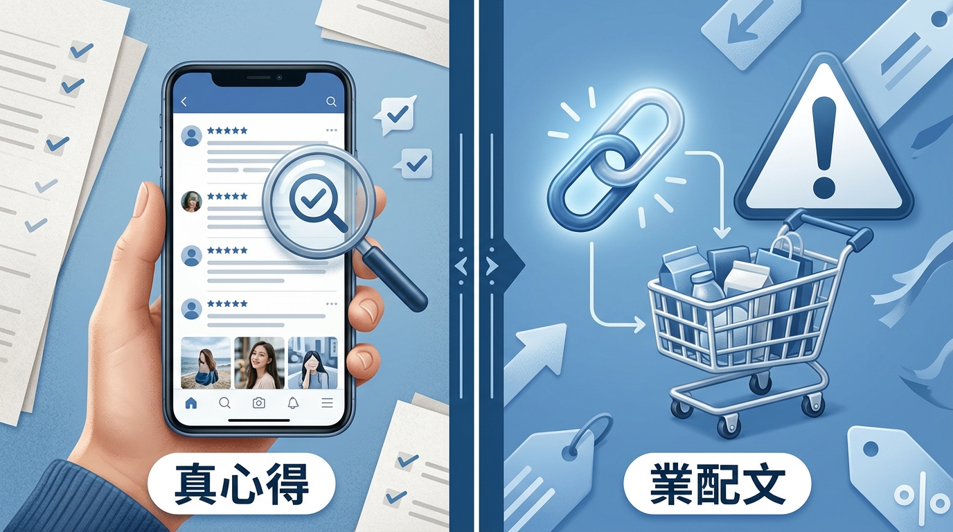 一張左右對照的判讀重點圖卡,左欄標「真心得」、右欄標「業配文 / 動員好評」。左欄列出:有缺點也有優點、發文者有其他主題貼文、附現場實照、回應具體問題;右欄列出:只報喜不報憂、新帳號、文末帶導購連結、上線時間集中。圖卡上方主標「分辨真心得 vs 業配的 4 個判讀重點」,乾淨扁平資訊圖風格,藍白色系,無人像。圖中不得出現任何其他文字、年份、網址、電話、店名或 logo。