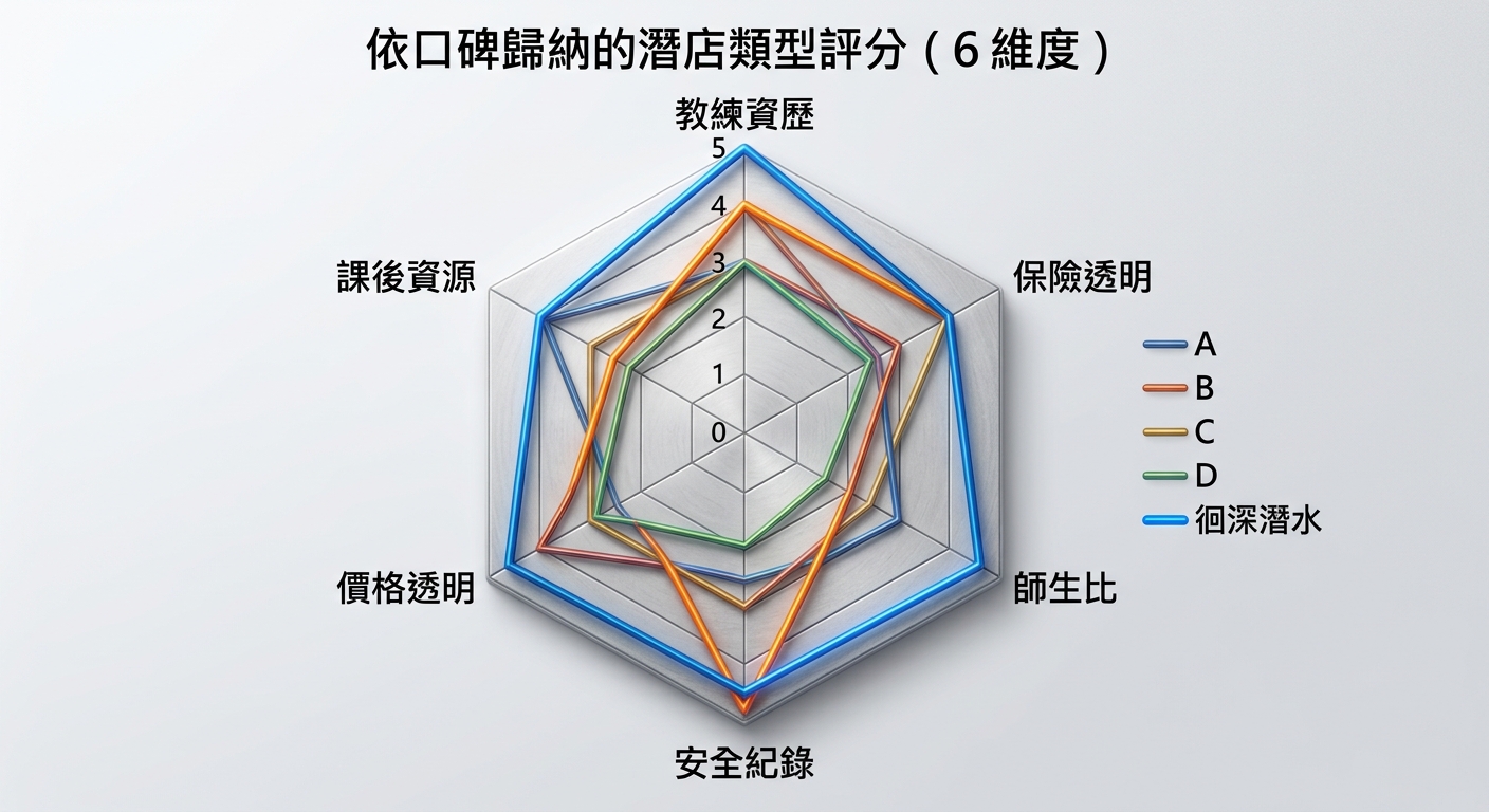一張六維度雷達圖(蜘蛛網圖),六軸依序為:教練資歷、保險透明、師生比、安全紀錄、價格透明、課後資源。圖上畫五條折線,分別標示 A、B、C、D 與「徊深潛水」。數值逐軸寫死如下——A:教練資歷4、保險透明3、師生比2、安全紀錄3、價格透明3、課後資源3;B:4、4、4、4、3、4;C:3、2、3、3、4、2;D:3、2、3、3、4、2;徊深潛水:5、5、5、5、4、5。徊深那條線用最醒目顏色並加粗。標題「依口碑歸納的潛店類型評分(6 維度)」。乾淨扁平資料視覺風格。圖中不得出現任何其他文字、年份、網址、電話、真實店名或 logo。