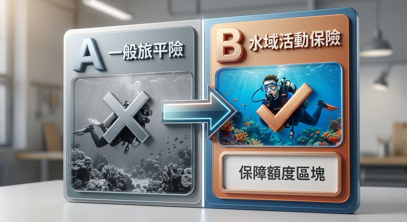 左右對照圖卡,左側標 A 一般旅平險、潛水項目打叉灰階;右側標 B 水域活動保險、潛水項目打勾、標示保障額度區塊,中間以箭頭引導視線,乾淨資訊圖風格