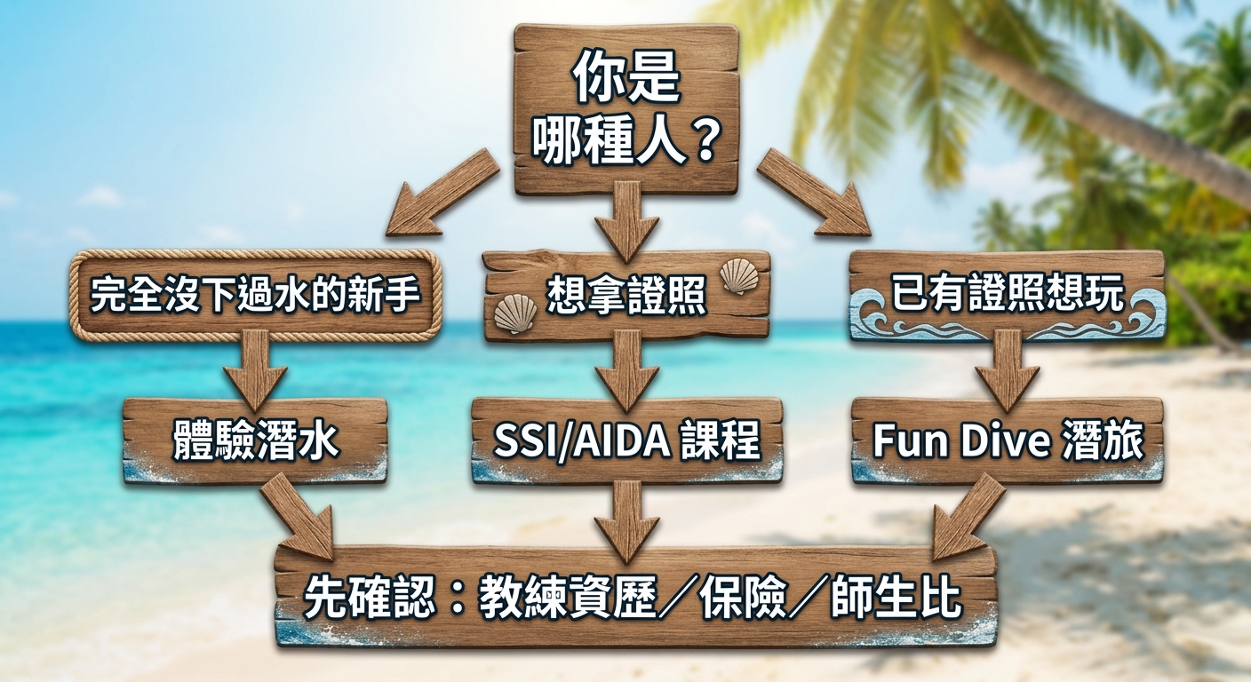 小琉球潛水店選擇決策樹示意圖。最上方一個方框寫「你是哪種人?」,往下分三條路線:左邊「完全沒下過水的新手」連到「體驗潛水」,中間「想拿證照」連到「SSI/AIDA 課程」,右邊「已有證照想玩」連到「Fun Dive 潛旅」。三條路線最後都匯流到一個方框寫「先確認:教練資歷/保險/師生比」。整體用海洋藍與白色配色,線條乾淨。