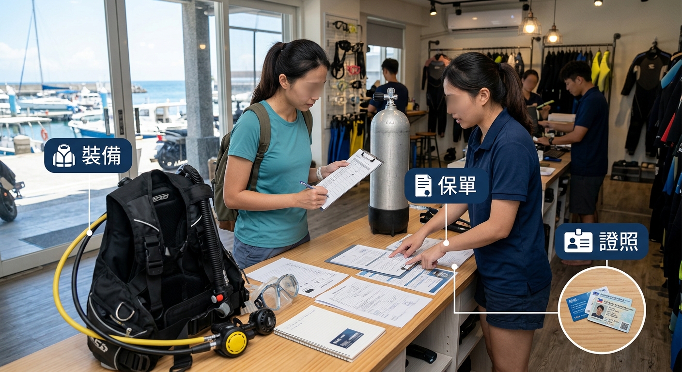 實地訪查 12 項檢查清單視覺化卡片。一張直式清單圖卡,標題「潛店實地訪查 12 項」,下面 12 個帶勾選框的項目,分兩欄排列:裝備保養、保險額度、體驗潛水師生比、教練證號可查、取消/補課政策、包套含什麼(船票機車住宿)、教練帶過幾梯、海況不佳如何處理、潛點如何選、現場有無安全簡報、是否有救援設備、學員回饋怎麼看。海洋藍與白色,扁平 icon。