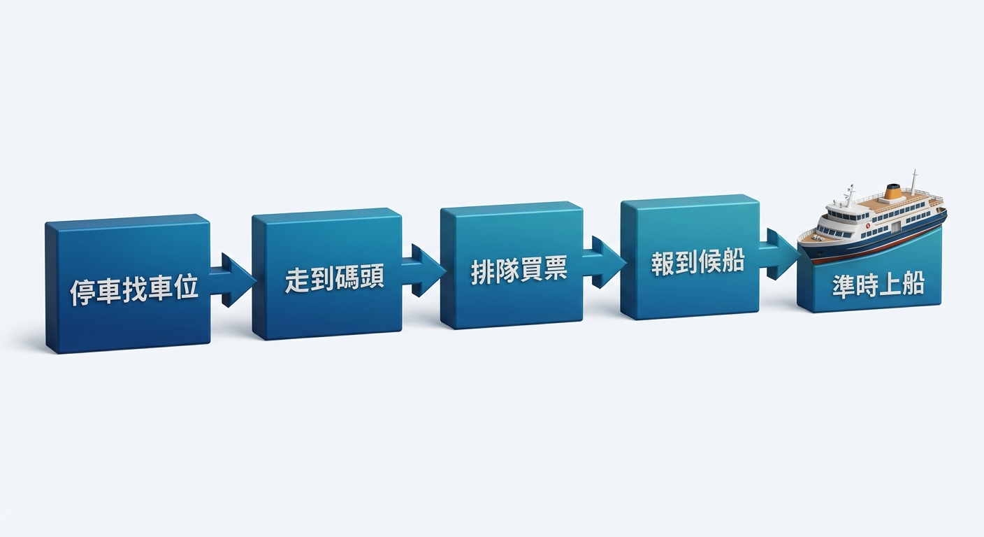 碼頭報到緩衝時間配置示意圖,一條由左至右的水平時間條,依序分成四段,每段為一個方塊並各加標籤文字逐字分別為 停車找車位、走到碼頭、排隊買票、報到候船,最右端為一艘客船圖示加標籤文字逐字為 準時上船,方塊之間以向右箭頭連接,配色為海洋藍漸層,每個標籤一行不換行、不重複,圖中除指定文字外不得出現任何時間數字、網址、電話或年份