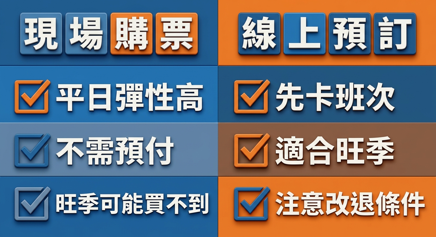 船票購買管道對照資訊圖,左右兩欄並列,左欄表頭文字逐字為 現場購票、右欄表頭文字逐字為 線上預訂,每欄下方各列三個要點以勾選框呈現,左欄要點為 平日彈性高、不需預付、旺季可能買不到,右欄要點為 先卡班次、適合旺季、注意改退條件,配色為藍與橘對比,每個要點文字一行不換行、不重複,圖中不得出現價格數字、網址、電話或年份