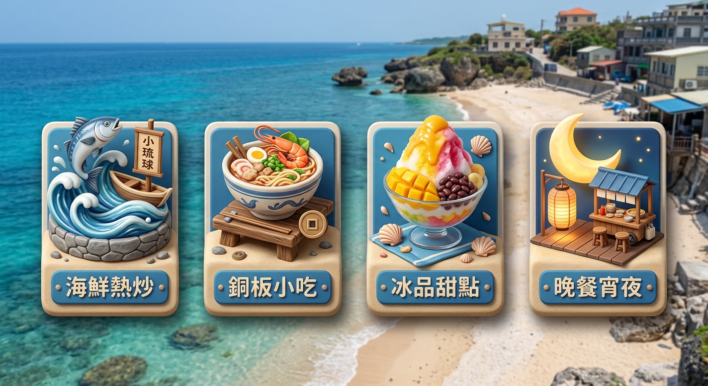 小琉球美食分類資訊圖,四個橫向卡片由左到右排列,每張卡片含一個圖示與一行繁體中文標籤:第一張海浪與魚圖示標籤「海鮮熱炒」、第二張麵碗圖示標籤「銅板小吃」、第三張刨冰圖示標籤「冰品甜點」、第四張月亮與燈籠圖示標籤「晚餐宵夜」,恰好四張、不得多於四張,四張文字必須各不相同、不得重複,每張卡片文字僅一行、不得換行,海島藍與沙色配色,除這四個標籤外圖中不得出現任何其他文字