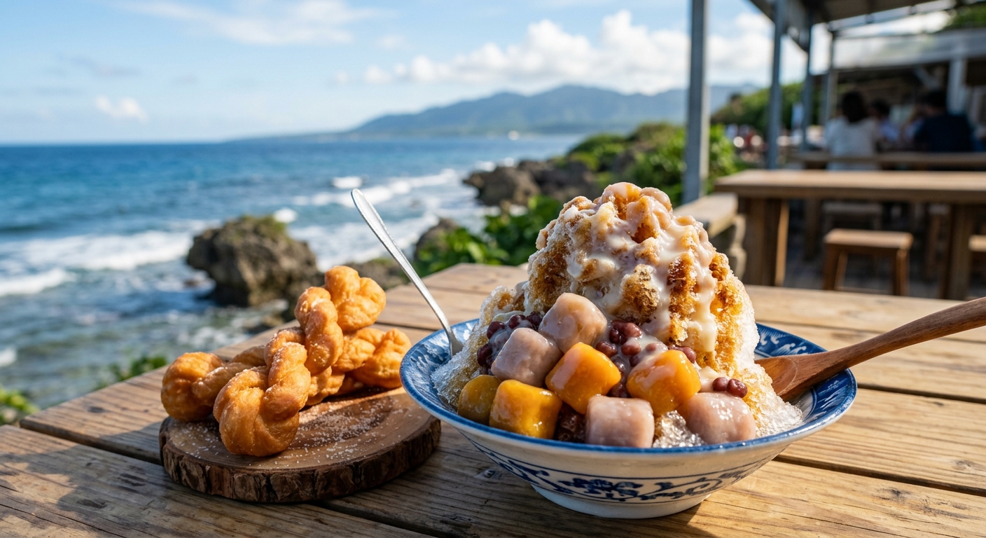 小琉球沁涼系美食情境圖,畫面前景為一碗堆滿芋圓與煉乳的剉冰,旁邊散放幾條金黃色油炸麻花捲,背景虛化為海邊木桌與藍天,陽光灑落、有夏日清涼感,整張圖完全不得出現任何文字、字母、數字或標題——純美食情境構圖