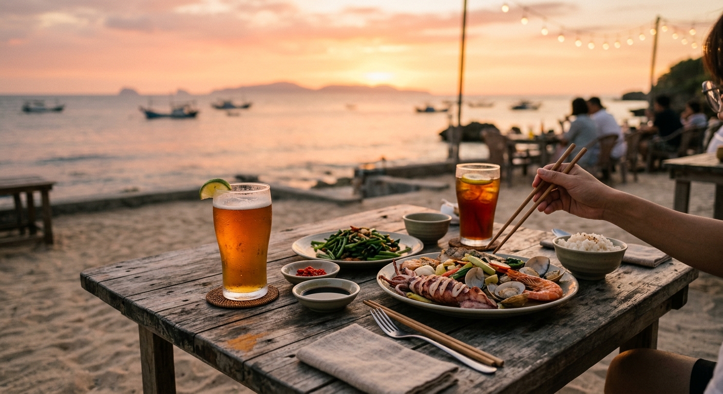 CTA 配圖,畫面為小琉球海邊一張木桌,桌上有海鮮料理與飲料,遠景虛化為夕陽與海面,整體溫暖放鬆、呈現「玩完一天好好吃飯」的氛圍,整張圖完全不得出現任何文字、字母、數字或標題——純情境構圖