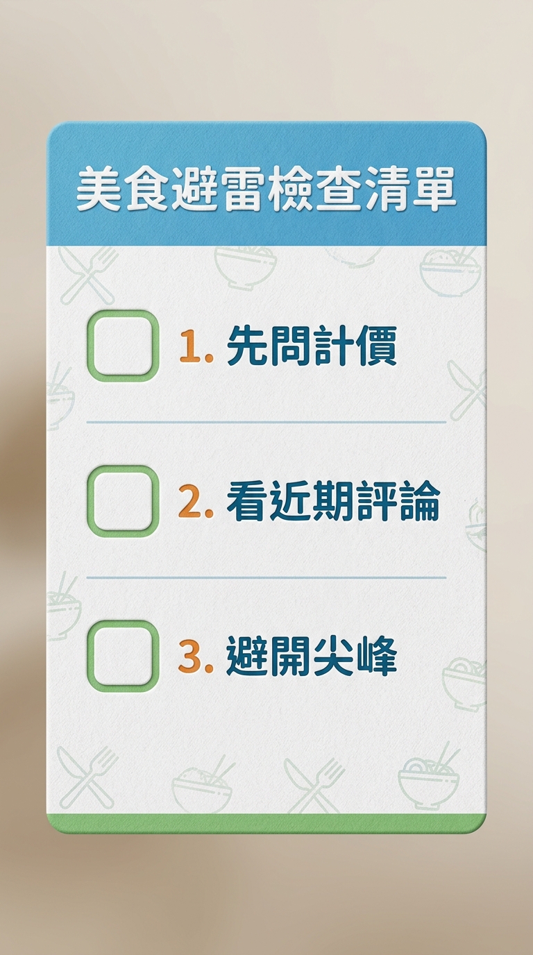 美食避雷檢查清單卡片,畫面為一張直式清單卡,列出三個檢查項目,每項前有一個打勾框圖示與一行繁體中文標籤,三個標籤「先問計價」「看近期評論」「避開尖峰」,恰好三項、不得多於三項、各不相同、不得重複,每個標籤僅一行不得換行,配色為清爽藍綠搭配警示橙點綴,除這三個標籤外圖中不得出現任何其他文字或數字