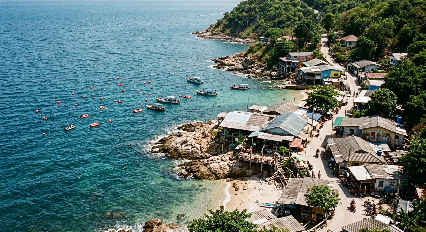 CTA 配圖,畫面為小琉球海岸線俯視,海面上有潛水浮標、岸邊有小餐館聚落,呈現「潛點與覓食圈相鄰」的氛圍,無可辨識品牌或地名,整張圖不得出現任何文字、字母、數字或標題——純情境構圖