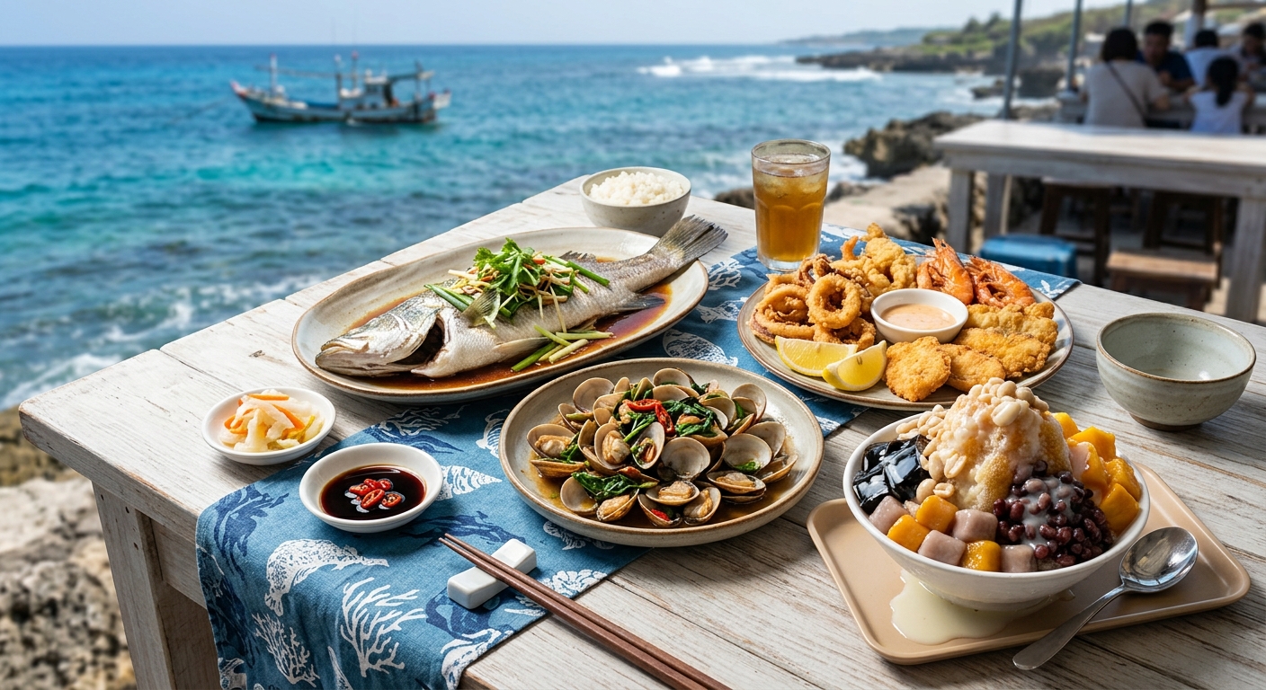 小琉球美食推薦主視覺，俯拍一桌豐盛的海島料理，含清蒸海魚、炒海瓜子、炸物拼盤與一碗剉冰，擺盤精緻、色彩鮮明，背景為淺色木桌與藍色海洋意象布巾，明亮自然光，整張圖完全不得出現任何文字、字母、數字或標題——純美食情境構圖