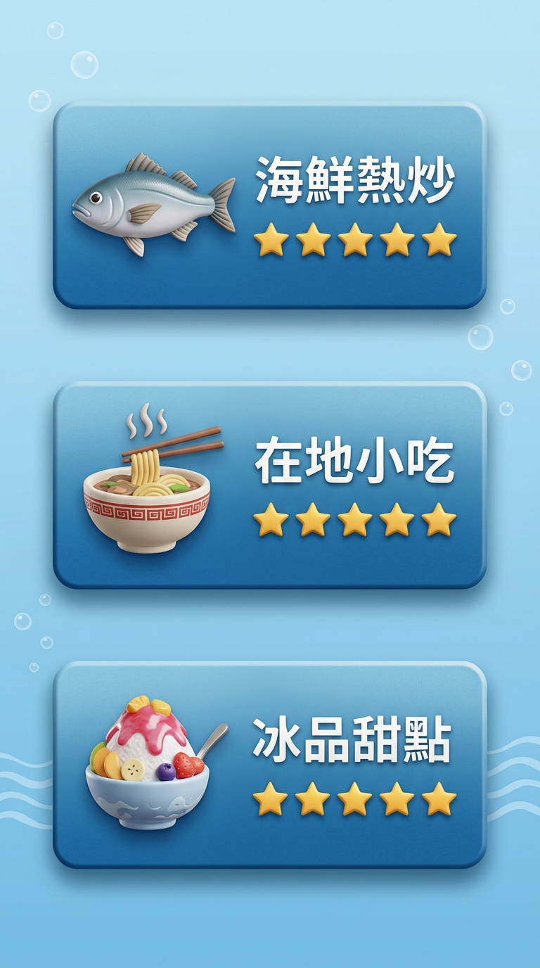 小琉球美食推薦排行卡片,三張橫向卡片垂直排列,每張卡片左側為類型圖示、右側為一行繁體中文標籤與五顆星評等圖示,第一張魚圖示標籤「海鮮熱炒」、第二張麵碗圖示標籤「在地小吃」、第三張刨冰圖示標籤「冰品甜點」,恰好三張、不得多於三張,三張標籤文字各不相同、不得重複,每張文字僅一行不得換行,海島藍配色,除這三個標籤外圖中不得出現任何其他文字或數字