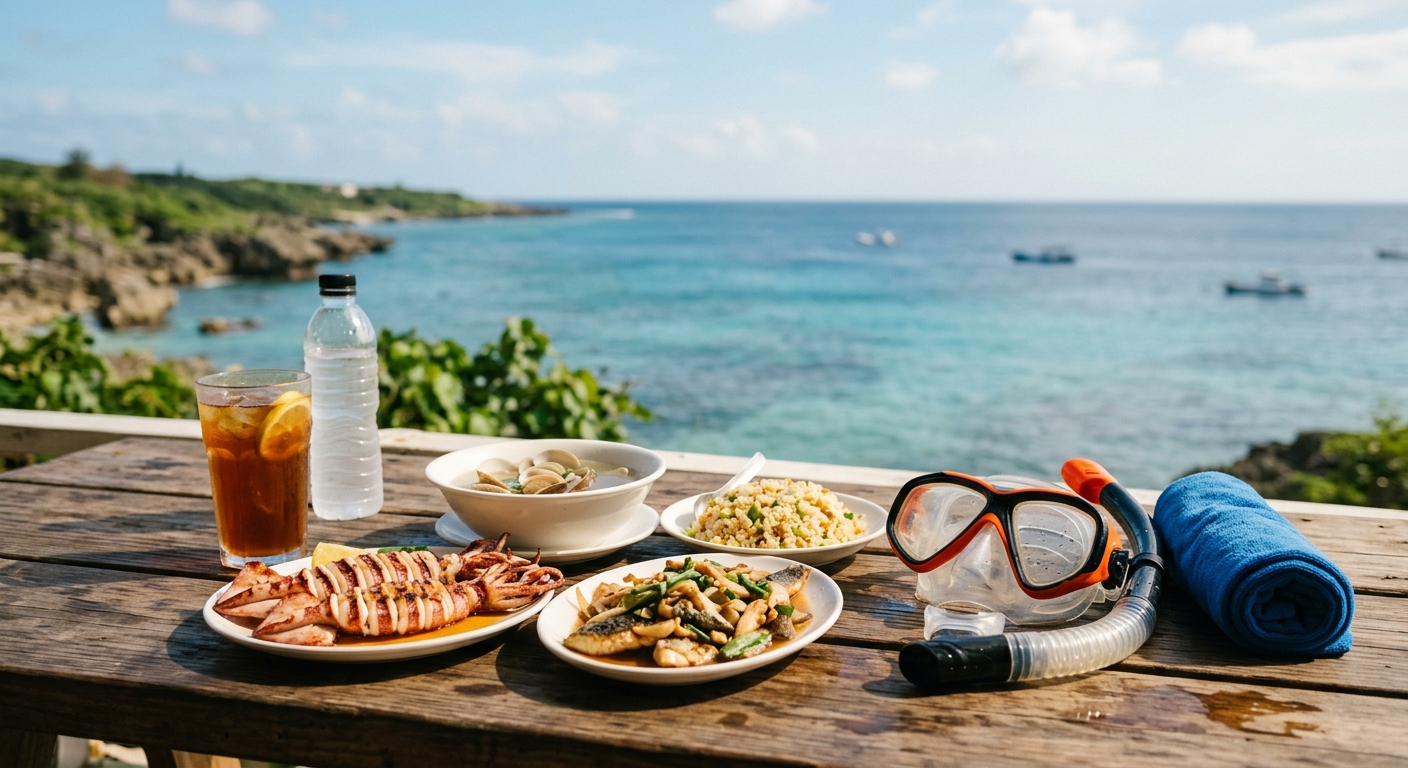 CTA 配圖,畫面為小琉球海邊餐桌,桌上有海鮮料理與冷飲,一旁放著蛙鏡與毛巾暗示剛潛完水,遠景虛化為海面與藍天,溫暖放鬆氛圍,整張圖完全不得出現任何文字、字母、數字或標題——純情境構圖