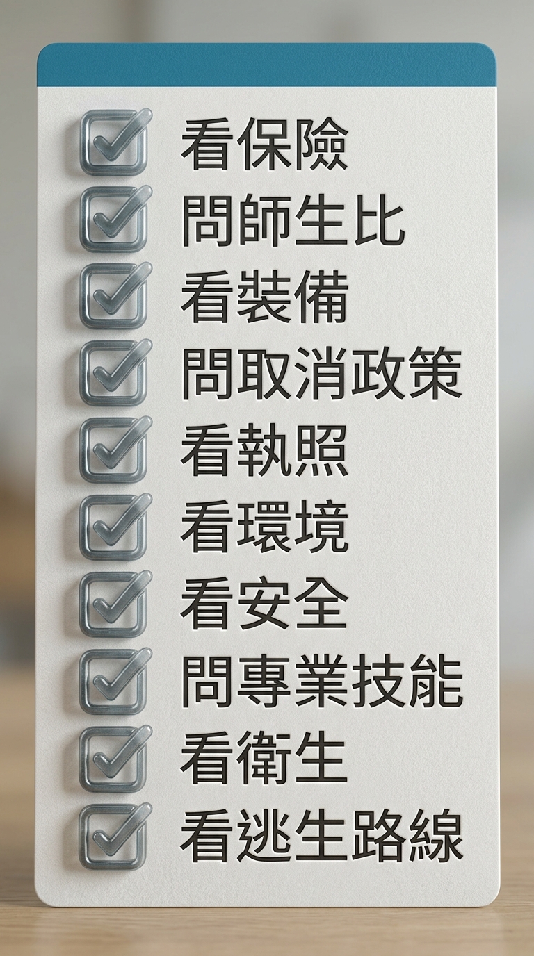 實地訪查 10 項檢查清單視覺化圖卡,一張直式清單卡片,左側為 10 個勾選方框由上到下排列,每個方框右側一行極短的檢查項目文字(如 看保險、問師生比、看裝備、問取消政策 等),每行不超過六字、不含引號括號,清單恰好 10 項、不得多於或少於 10 項,海藍色標題列。除這 10 行檢查項目外不得出現任何其他文字或數字