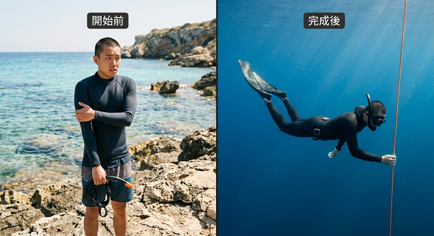 學員從怕水到完成自由潛水的前後對比插畫,畫面分左右兩格:左格一名學員站在岸邊、雙手抱胸顯得緊張,水色較淺;右格同一名學員已在水中沿繩放鬆下潛、姿態自在,水色較深。兩格上方各一組三字以內標籤逐字為 開始前 與 完成後,不含引號括號,除這兩組標籤外不得出現任何其他文字、數字或姓名