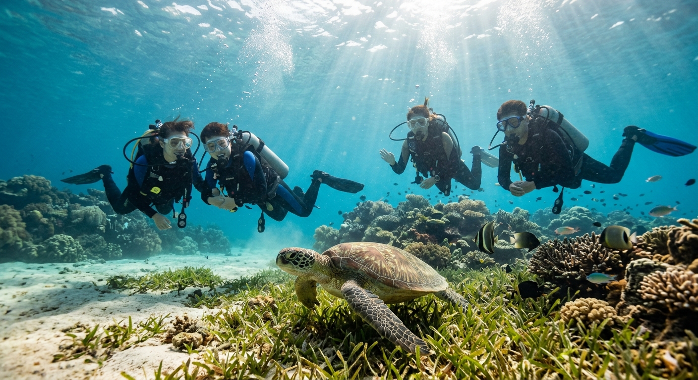 小琉球 Fun Dive 持證潛水玩樂主視覺插畫,畫面為數名持證潛水員在淺礁海域自在悠游,一隻綠蠵龜在前方海草區,背景珊瑚礁與陽光穿透海面,氛圍輕鬆愉快,海洋藍與陽光色調,整張圖完全不得出現任何文字、字母、數字或標題——純圖形構圖